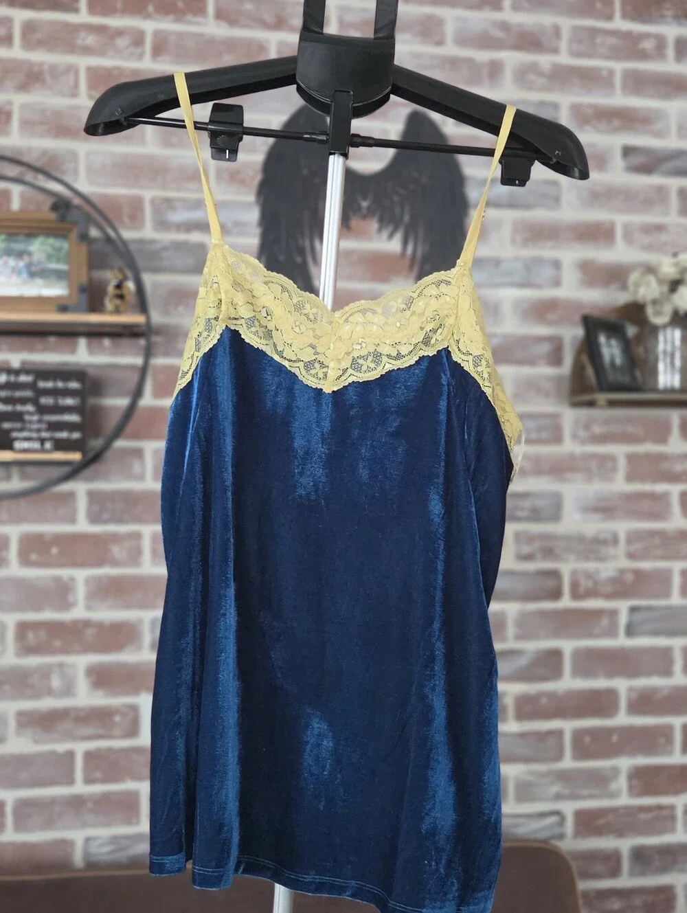 Aratta Blue Velvet Chemise with Beige Lace Trim